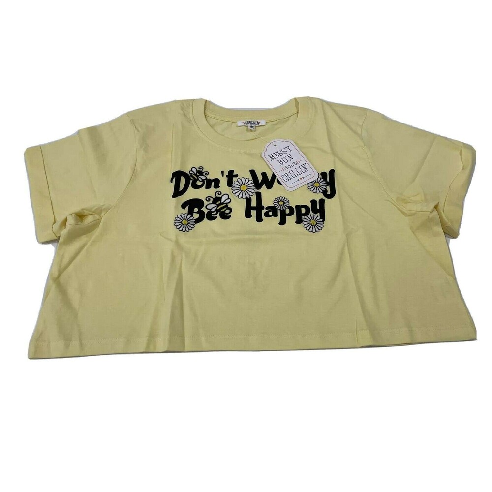 Messy Bun Just Chilling Juniors Dont Worry Bee Happy Top Yellow Size Medium